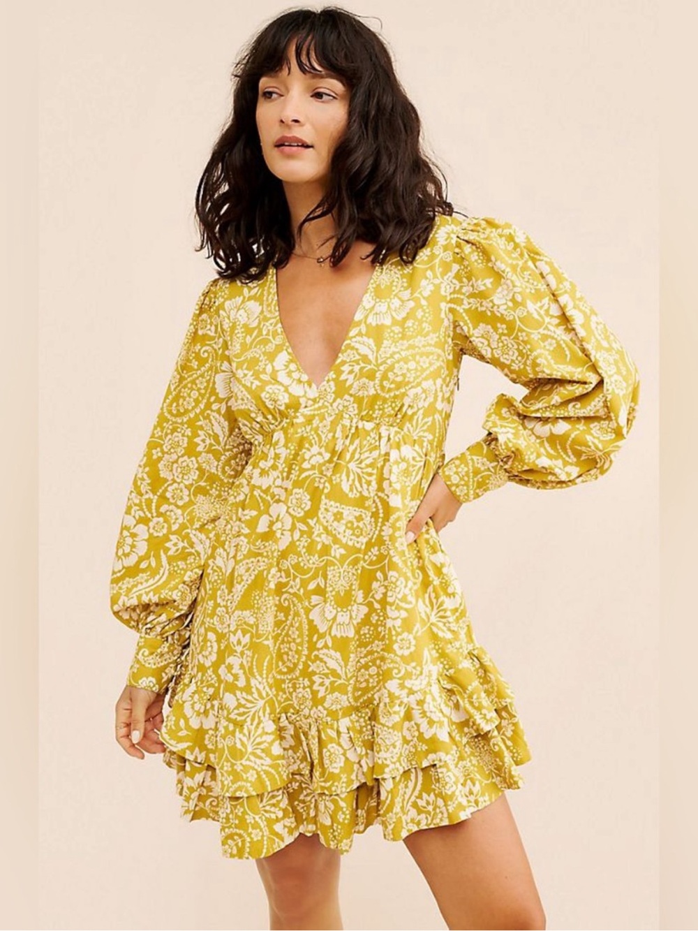 Maeve Anthroplogie Frill Puff Sleeve Floral V-Neck Ruffle Mini Dress
